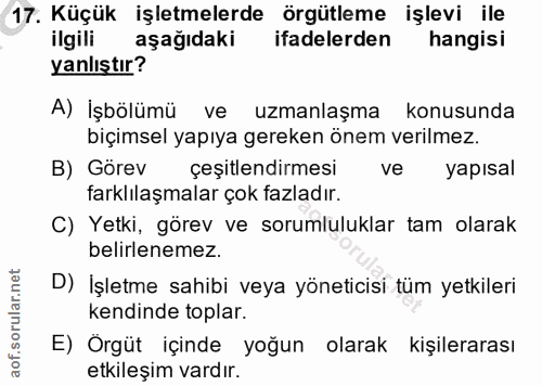 17. soru: Küçük işletmelerde örgütleme işlevi ile ilgili aşağıdaki ifadelerden hangisi yanlıştır? A) İşbölümü ve uzmanlaşma kon…