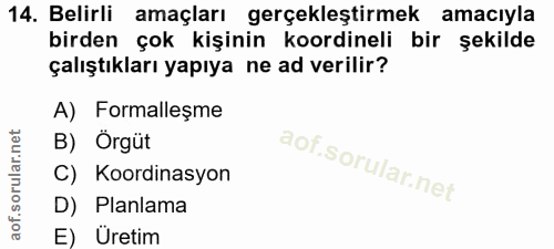 14. soru: Belirli amaçları gerçekleştirmek amacıyla birden çok kişinin koordineli bir şekilde çalıştıkları yapıya ne ad verilir…