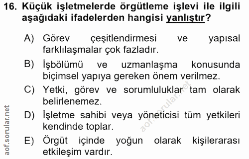 16. soru: Küçük işletmelerde örgütleme işlevi ile ilgili aşağıdaki ifadelerden hangisi yanlıştır? A) Görev çeşitlendirmesi ve y…