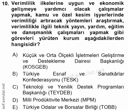 10. soru: Verimlilik ilkelerine uygun ve ekonomik gelişmeye yardımcılarak çalışmalar yapmak, kamu ve özel kesim işyerlerinde ve…