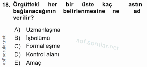 18. soru: Örgütteki her bir üste kaç astın bağlanacağının belirlenmesine ne ad verilir? A) Uzmanlaşma B) Işbölümü C) Formalleşm…