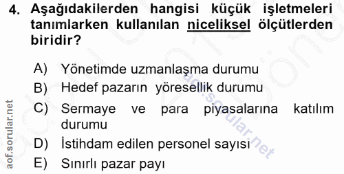 4. soru: Aşağıdakilerden hangisi küçük işletmeleri tanımlarken kullanılan niceliksel ölçütlerden biridir? A) Yönetimde uzmanla…