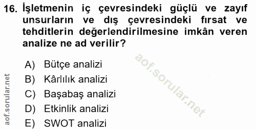 16. soru: İşletmenin iç çevresindeki güçlü ve zayıf unsurların ve dış çevresindeki fırsat ve tehditlerin değerlendirilmesine im…