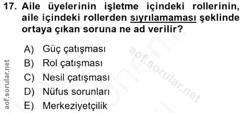 17. soru: Aile üyelerinin işletme içindeki rollerinin, aile içindeki rollerden sıyrılamaması şeklinde ortaya çıkan soruna ne ad…
