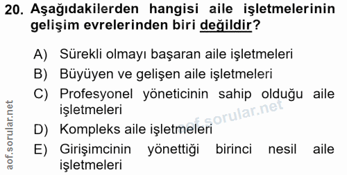 20. soru: Aşağıdakilerden hangisi aile işletmelerinin gelişim evrelerinden biri değildir? A) Sürekli olmayı başaran aile işletm…