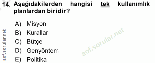 14. soru: Aşağıdakilerden hangisi tek kullanımlık planlardan biridir? A) Misyon B) Kurallar C) Bütçe D) Genyöntem E) Politika