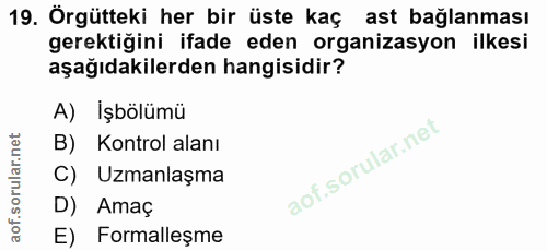 19. soru: Örgütteki her bir üste kaç ast bağlanması gerektiğini ifade eden organizasyon ilkesi aşağıdakilerden hangisidir? A) İ…