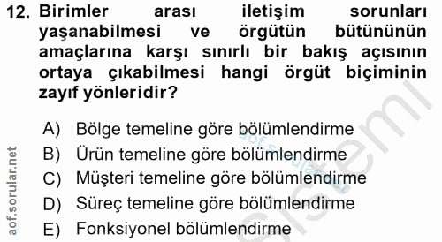 12. soru: Birimler arası iletişim sorunları yaşanabilmesi ve örgütün bütününün amaçlarına karşı sınırlı bir bakış açısının orta…