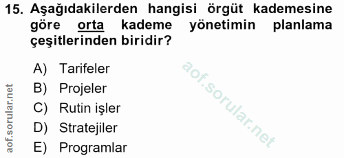 15. soru: Aşağıdakilerden hangisi örgüt kademesine göre orta kademe yonetimin planlama çeşitlerinden biridir? A) Tarifeler B) P…