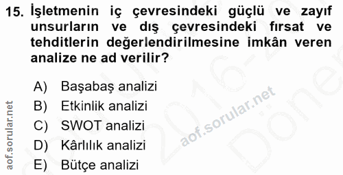 15. soru: Işletmenin iç çevresindeki güçlü ve zayıf unsurların ve dış çevresindeki fırsat ve tehditlerin değerlendirilmesine im…