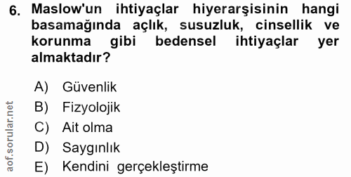 6. soru: Maslow'un ihtiyaçlar hiyerarşisinin hangi basamağında açlık, susuzluk, cinsellik ve korunma gibi bedensel ihtiyaçlar…