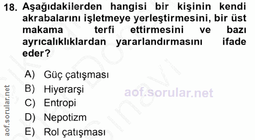 18. soru: Aşağıdakilerden hangisi bir kişinin kendi akrabalarını işletmeye yerleştirmesini, bir üst makama terfi ettirmesini ve…
