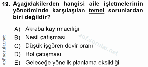 19. soru: Aşağıdakilerden hangisi aile işletmelerinin yönetiminde karşılaşılan temel sorunlardan biri değildir? A) Akraba kayır…