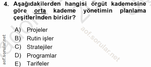 4. soru: Aşağıdakilerden hangisi örgüt kademesine göre orta kademe yönetimin planlama çeşitlerinden biridir? A) Projeler B) Ru…