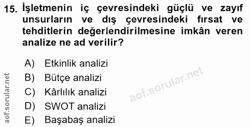 15. soru: İşletmenin iç çevresindeki güçlü ve zayıf unsurların ve dış çevresindeki fırsat ve tehditlerin değerlendirilmesine im…