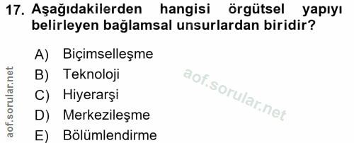 17. soru: Aşağıdakilerden hangisi örgütsel yapıyı belirleyen bağlamsal unsurlardan biridir? A) Biçimselleşme B) Teknoloji C) Hi…