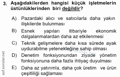 3. soru: Aşağıdakilerden hangisi küçük işletmelerin üstünlüklerinden biri değildir? A) Pazardaki alıcı ve satıcılarla daha yak…