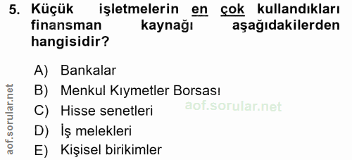 5. soru: Küçuk işletmelerin en çok kullandıkları finansman kaynağı aşağıdakilerden hangisidir? A) Bankalar B) Menkul Kıymetler…