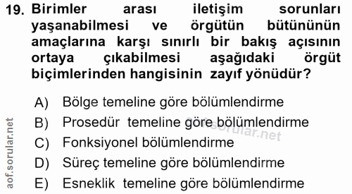 19. soru: Birimler arası iletişim sorunları yaşanabilmesi örgütün bütününün amaçlarına karşı sınırlı bir bakış açısının ortaya…