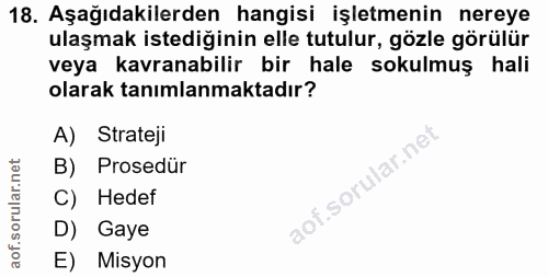 18. soru: Aşağıdakilerden hangisi işletmenin nereye ulaşmak istediğinin elle tutulur, gözle görülür veya kavranabilir bir hale…