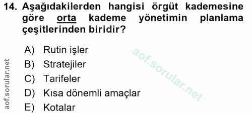14. soru: Aşağıdakilerden hangisi örgüt kademesine göre orta kademe yönetimin planlama çeşitlerinden biridir? A) Rutin işler B)…