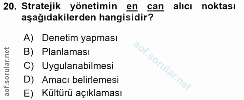 20. soru: Stratejik yönetimin en can alicı noktası aşağıdakilerden hangisidir? A) Denetim yapması B) Planlaması C) Uygulanabilm…