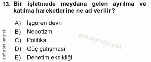 13. soru: Bir işletmede meydana gelen ayrılma ve katılma hareketlerine ne ad verilir? A) İşgören devri B) Nepotizm C) Politika…