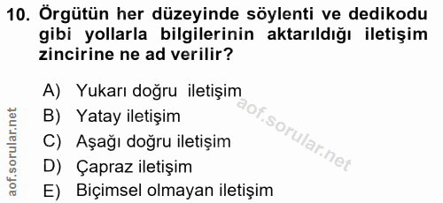 10. soru: Örgütün her düzeyinde söylenti ve dedikodu gibi yollarla bilgilerinin aktarıldığı iletişim zincirine ne ad verilir? A…