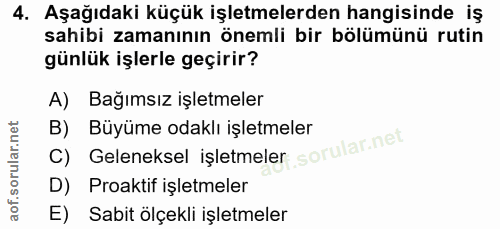 4. soru: Aşağıdaki küçük işletmelerden hangisinde iş sahibi zamanının önemli bir bölümünü rutin günlük işlerle geçirir? A) Bağ…