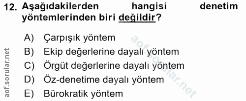 12. soru: Aşağıdakilerden hangisi denetim yöntemlerinden biri değildir? A) Çarpışık yöntem B) Ekip değerlerine dayalı yöntem C)…