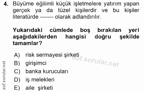 4. soru: Büyüme eğilimli küçük işletmelere yatırım yapan gerçek ya da tüzel kişilerdir ve bu kişiler literatürde ------- olara…