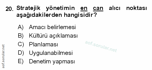 20. soru: Stratejik yönetimin en can alıcı noktası aşağıdakilerden hangisidir? A) Amacı belirlemesi B) Kültürü açıklaması C) Pl…