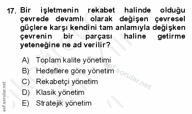17. soru: Bir işletmenin rekabet halinde olduğu çevrede devamlı olarak değişen çevresel güçlere karşı kendini tam anlamıyla değ…