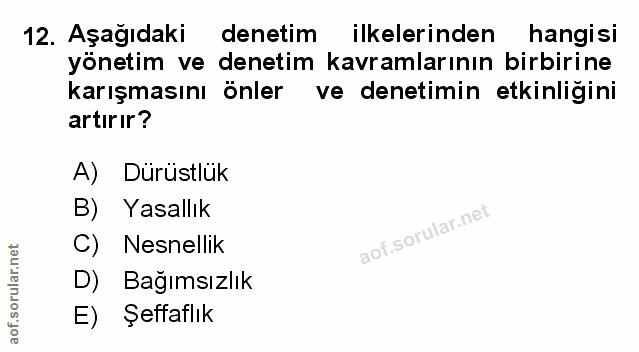 12. soru: Aşağıdaki denetim ilkelerinden hangisi yönetim ve denetim kavramlarının birbirine karışmasını önler ve denetimin etki…