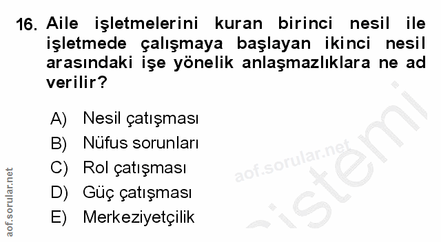 16. soru: Aile işletmelerini kuran birinci nesil ile işletmede çalışmaya başlayan ikinci nesil arasındaki işe yönelik anlaşmazl…