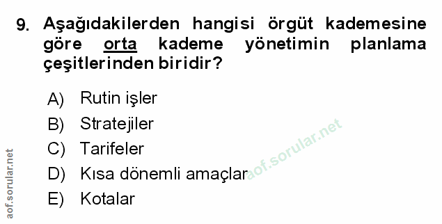 9. soru: Aşağıdakilerden hangisi örgüt kademesine göre orta kademe yönetimin planlama çeşitlerinden biridir? A) Rutin işler B)…