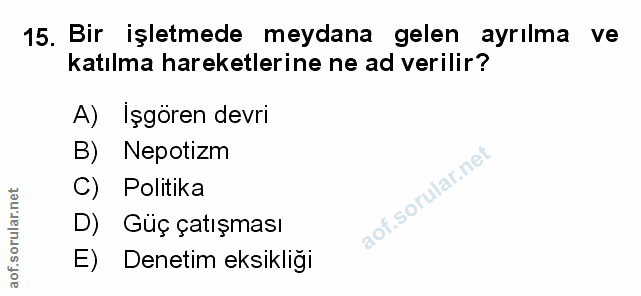 15. soru: Bir işletmede meydana gelen ayrılma ve katılma hareketlerine ne ad verilir? A) Işgören devri B) Nepotizm C) Politika…