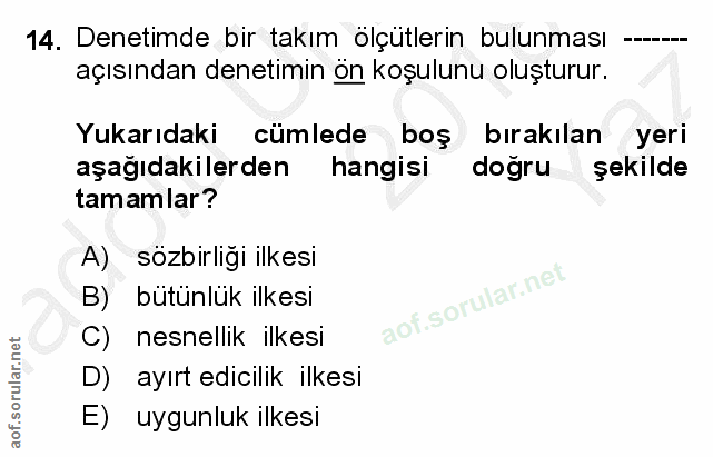 14. soru: Denetimde bir takım ölçütlerin bulunması açısından denetimin ön koşulunu oluşturur. Yukarıdaki cümlede boş bırakılan…