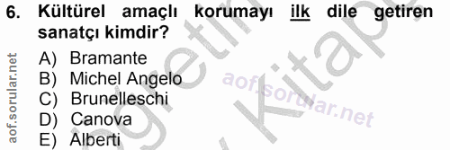 6. soru: Kültürel amaçlı korumayı ilk dile getiren sanatçı kimdir? A) Bramante B) Michel Angelo aoflsorttar.net C) Brunellesch…
