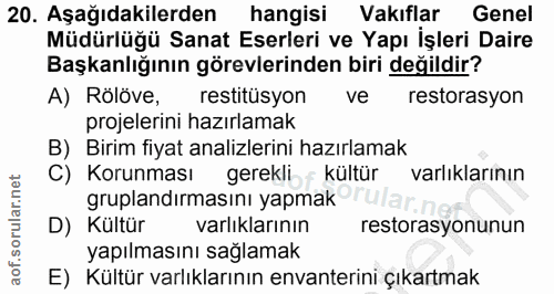 20. soru: Aşağıdakilerden hangisi Vakıflar Genel Müdürlüğü Sanat Eserleri ve Yapı İşleri Daire Başkanlığının görevlerinden biri…