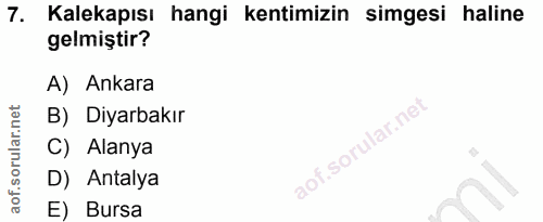 7. soru: Kalekapısı hangi kentimizin simgesi haline gelmiştir? A) Ankara B) Diyarbakır C) Alanya aof.sorular.ne aot.sor D) Ant…