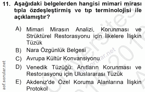 11. soru: Aşağıdaki belgelerden hangisi mimari mirası tıpla özdeşleştirmiş ve tıp terminolojisi ile açıklamıştır? A) Mimari Mir…