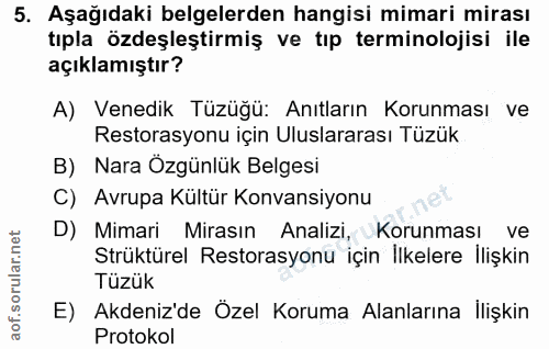 5. soru: Aşağıdaki belgelerden hangisi mimari mirası tıpla özdeşleştirmiş ve tıp terminolojisi ile açıklamıştır? A) Venedik Tü…
