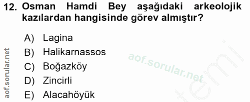 12. soru: Osman Hamdi Bey aşağıdaki arkeolojik kazılardan hangisinde görev almıştır? A) Lagina B) Halikarnassos C) Boğazköy D)…