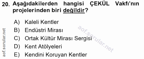 20. soru: Aşağıdakilerden hangisi ÇEKÜL Vakfı'nın projelerinden biri değildir? A) Kaleli Kentler C) Ortak Kültür Mirası Sergisi…