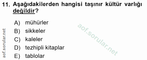 11. soru: Aşağıdakilerden hangisi taşınır kültür varlığı değildir? A) mühürler B) sikkeler C) kaleler D) tezhipli kitaplar E) t…