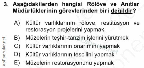 3. soru: Aşağıdakilerden hangisi Rölöve ve Anıtlar Müdürlüklerinin görevlerinden biri değildir? A) Kültür varlıklarının rolöve…