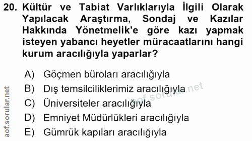 20. soru: Kültür ve Tabiat Varlıklarıyla İlgili Olarak Yapılacak Araştırma, Sondaj ve Kazılar Hakkında Yönetmelik'e göre kazı y…