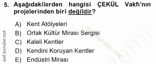 5. soru: Aşağıdakilerden hangisi ÇEKÜL Vakfı'nın projelerinden biri değildir? A) Kent Atölyeleri B) Ortak Kültür Mirası Sergis…