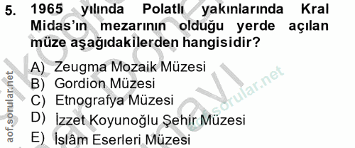 5. soru: 1965 yılında Polatlı yakınlarında Kral Midas'ın mezarının olduğu yerde açılan müze aşağıdakilerden hangisidir? A) Zeu…